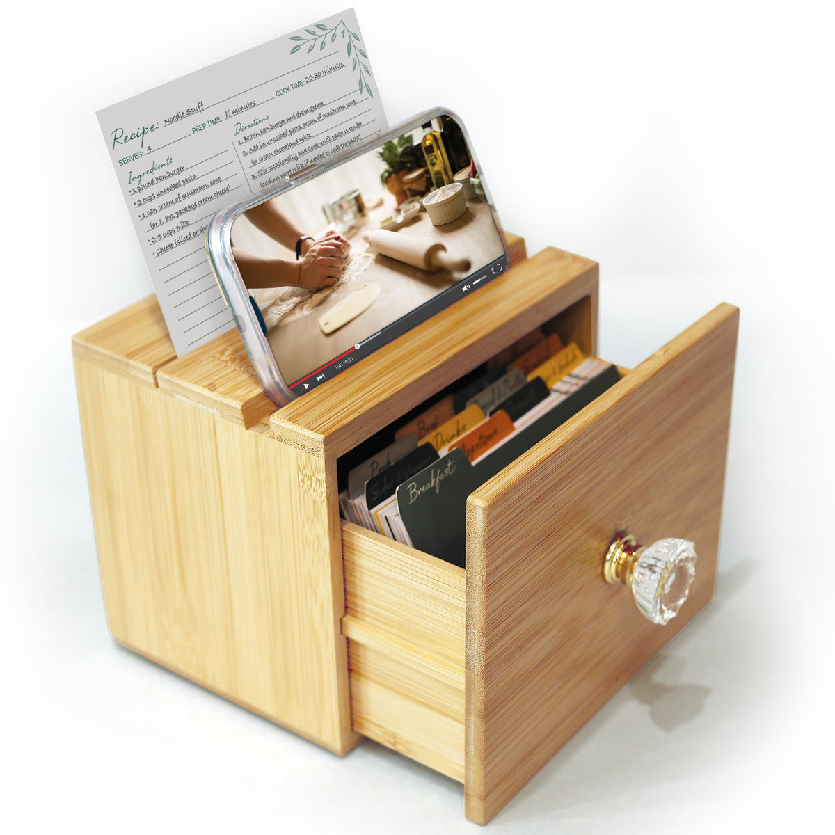 Simply Daisy bamboo recipe box on a kitchen counter, neatly organized and ready for use.
