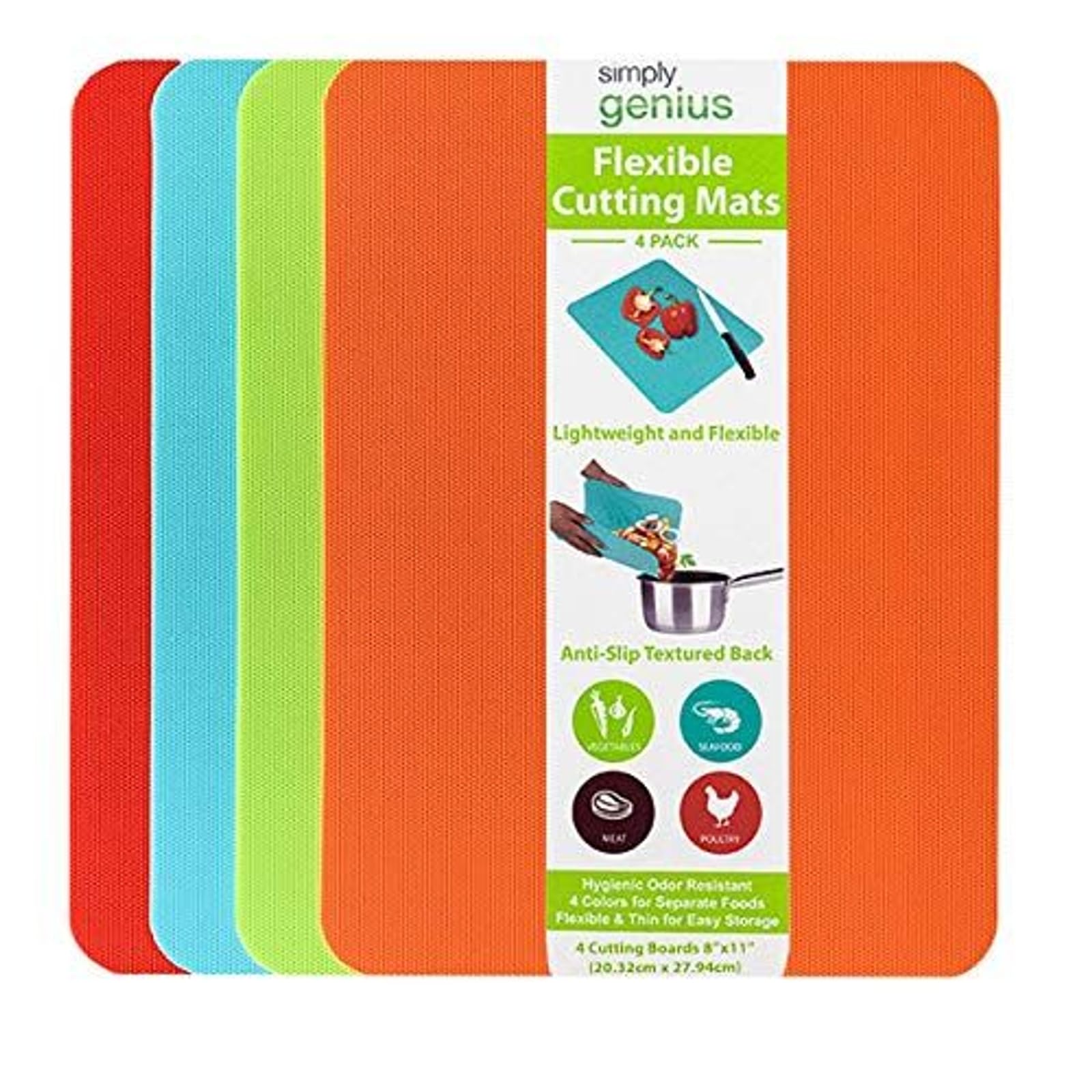 Simply Genius color-coded cutting boards set for hygienic prep and easy ingredient separation.