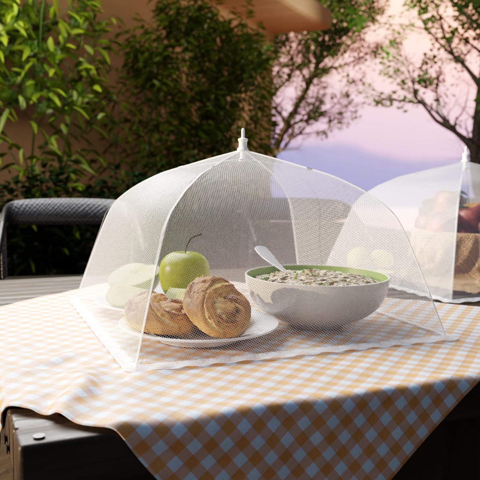 Simply Genius pop-up mesh cover picnic scene protects plates during outdoor lunches