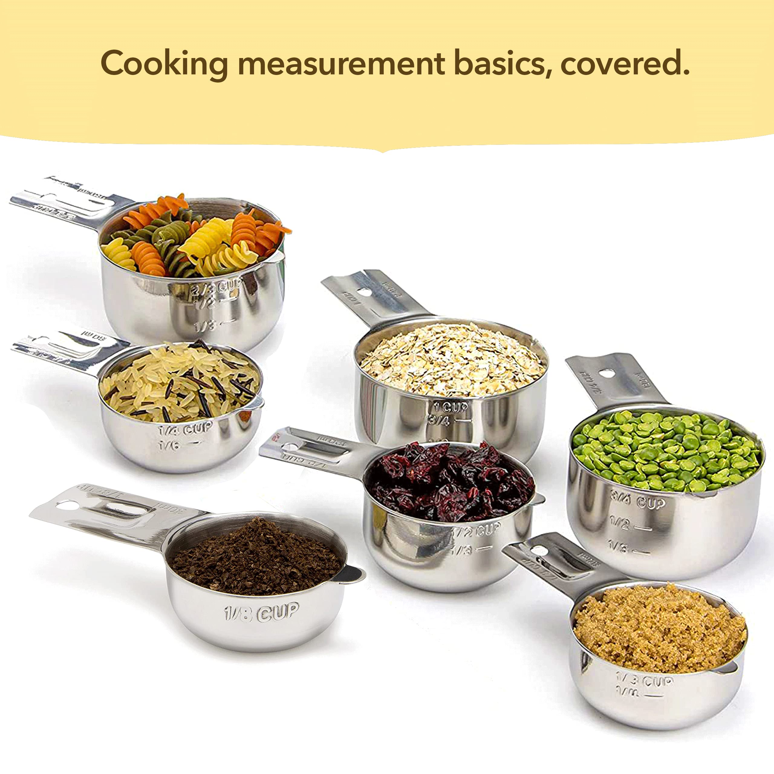 Seven-piece set covers common sizes from 1/8 to 1 cup for flexible measuring