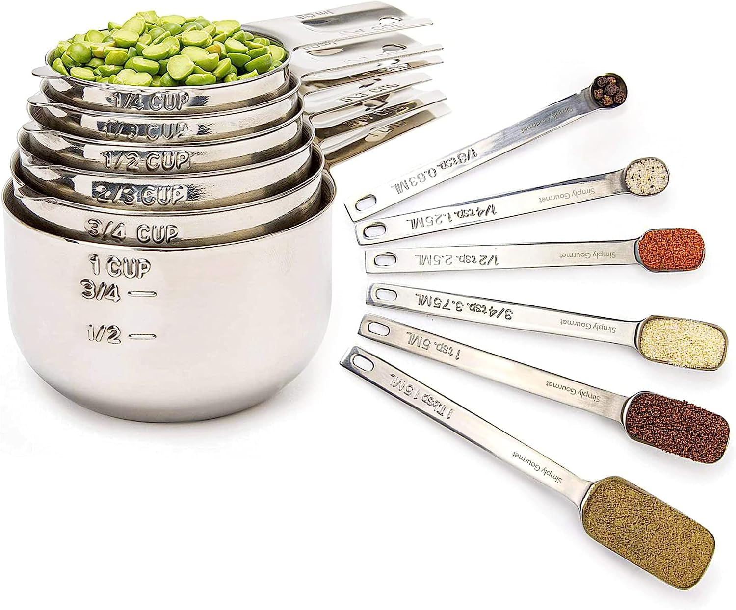Simply Gourmet measuring cups 12-piece set in stainless steel for precise dry ingredients.