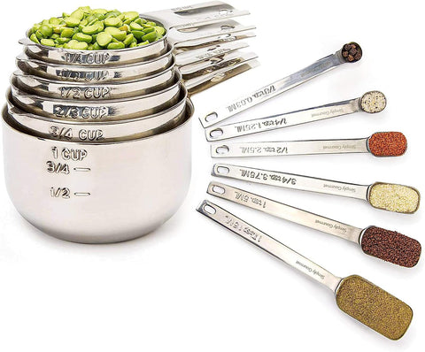 Simply Gourmet measuring cups 12-piece set in stainless steel for precise dry ingredients.