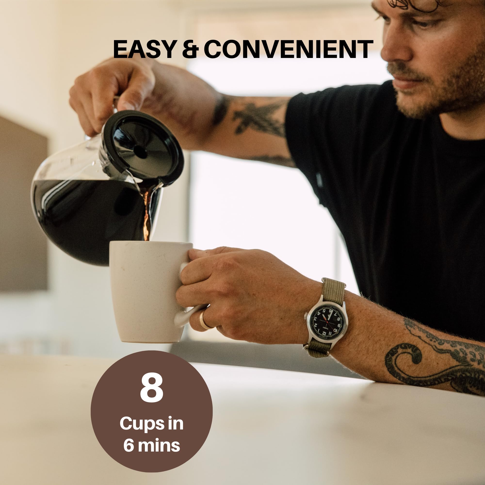 Simply Good Coffee brewing action shows quick eight-cup brew in six minutes