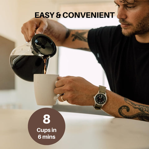 Simply Good Coffee brewing action shows quick eight-cup brew in six minutes