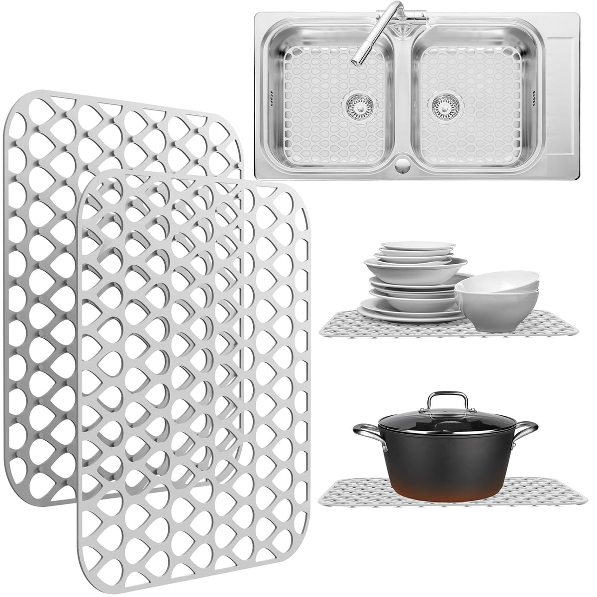 Sink Protex silicone sink protector on bottom of sink protects surfaces from scratches and dents.