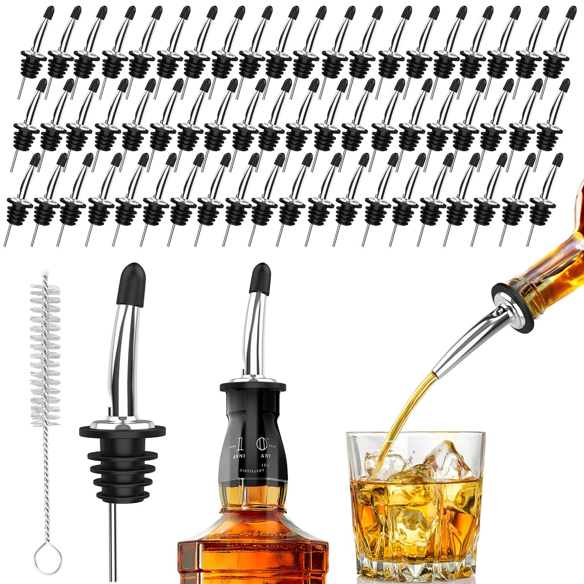 SINLUCESCE 60-pack pour spouts on liquor bottles for smooth, controlled pours.