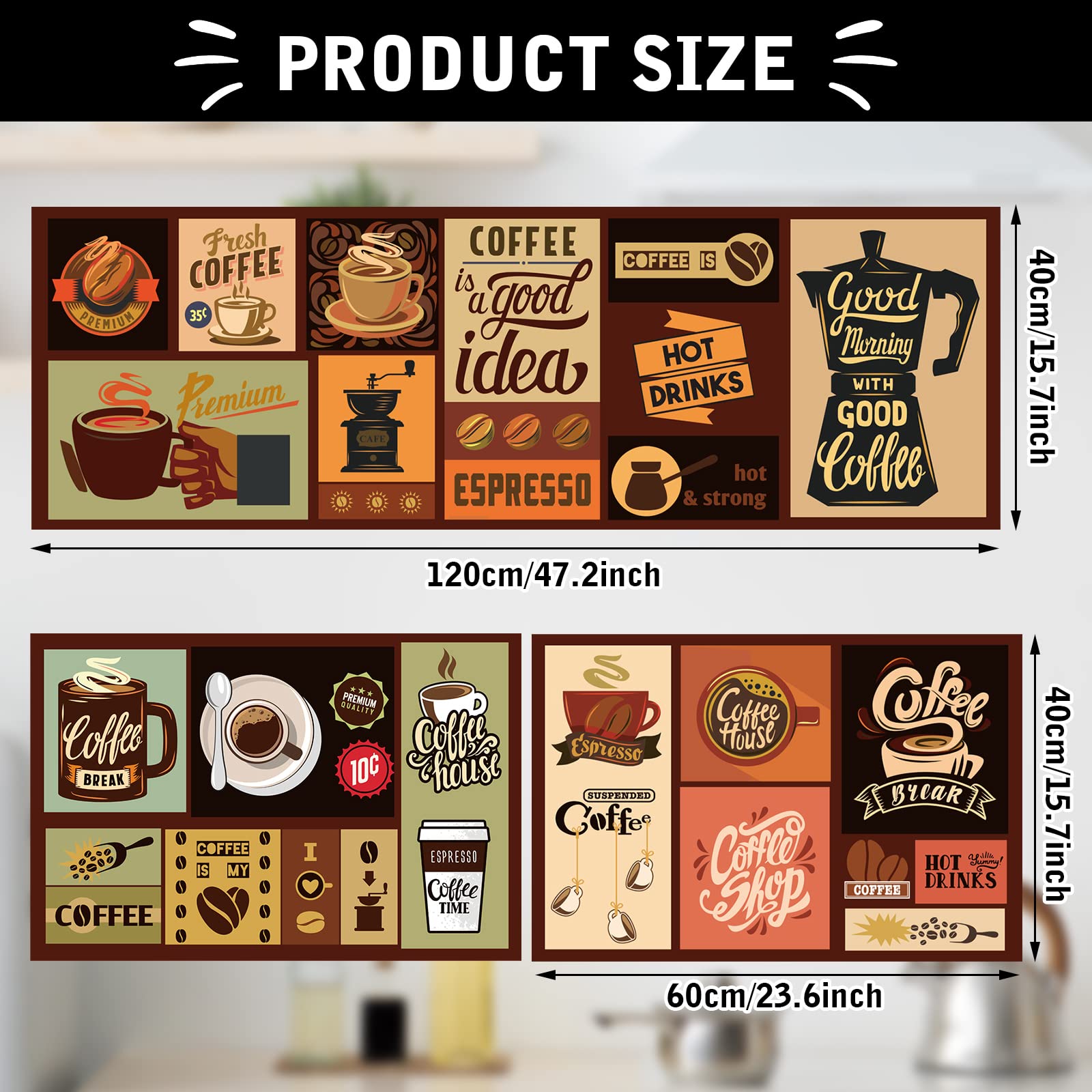 Sinmoe 3-piece kitchen rug set smaller coffee-pattern mat for prep zones