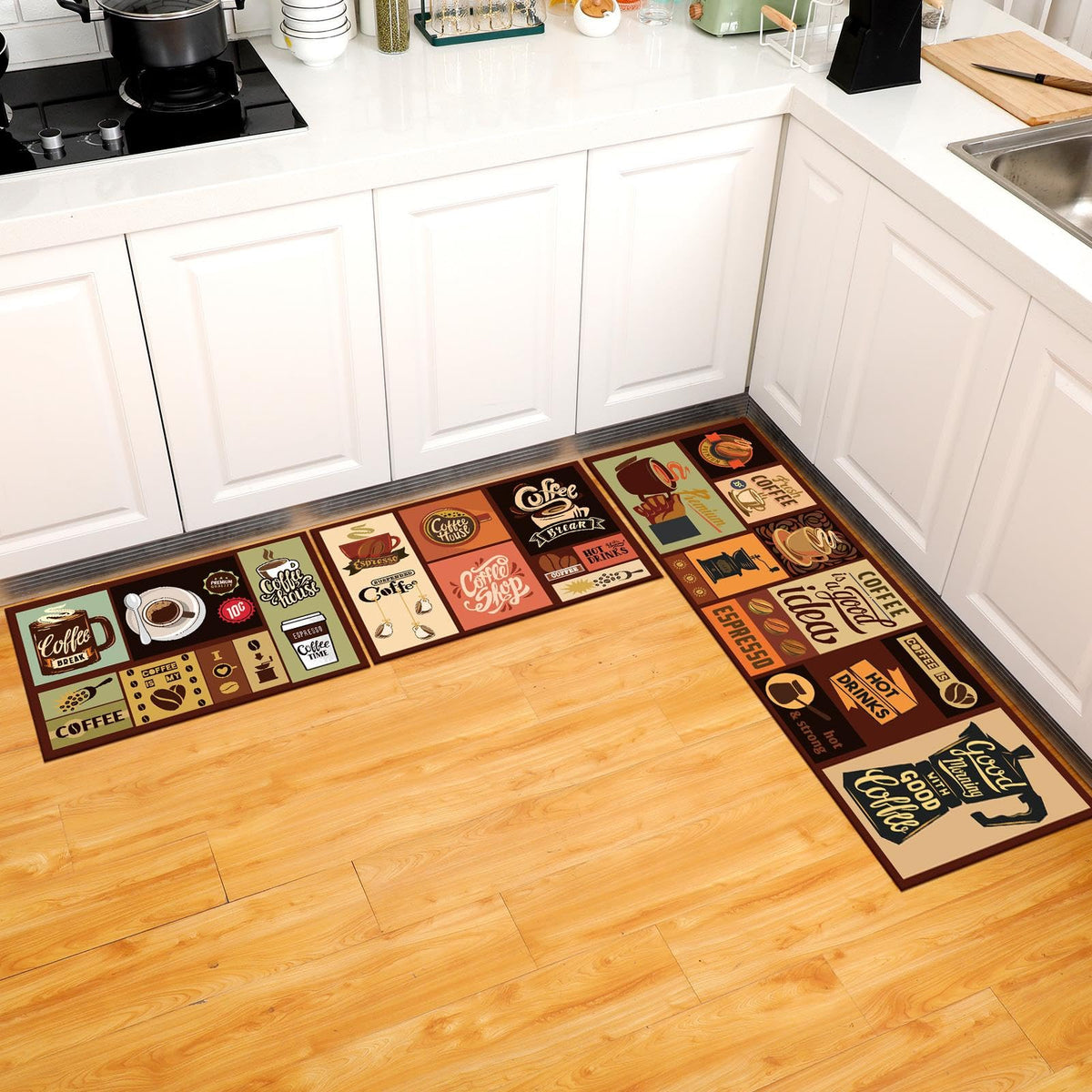 Sinmoe 3-piece kitchen rug set large coffee-pattern mat for cozy kitchen comfort