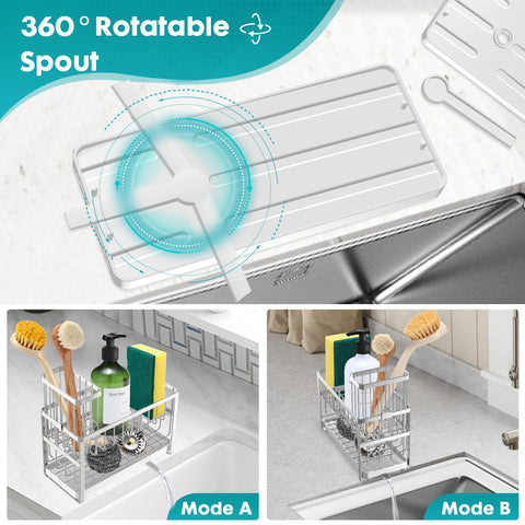Sinnsally sink caddy with 360-degree spout redirects water to sink.
