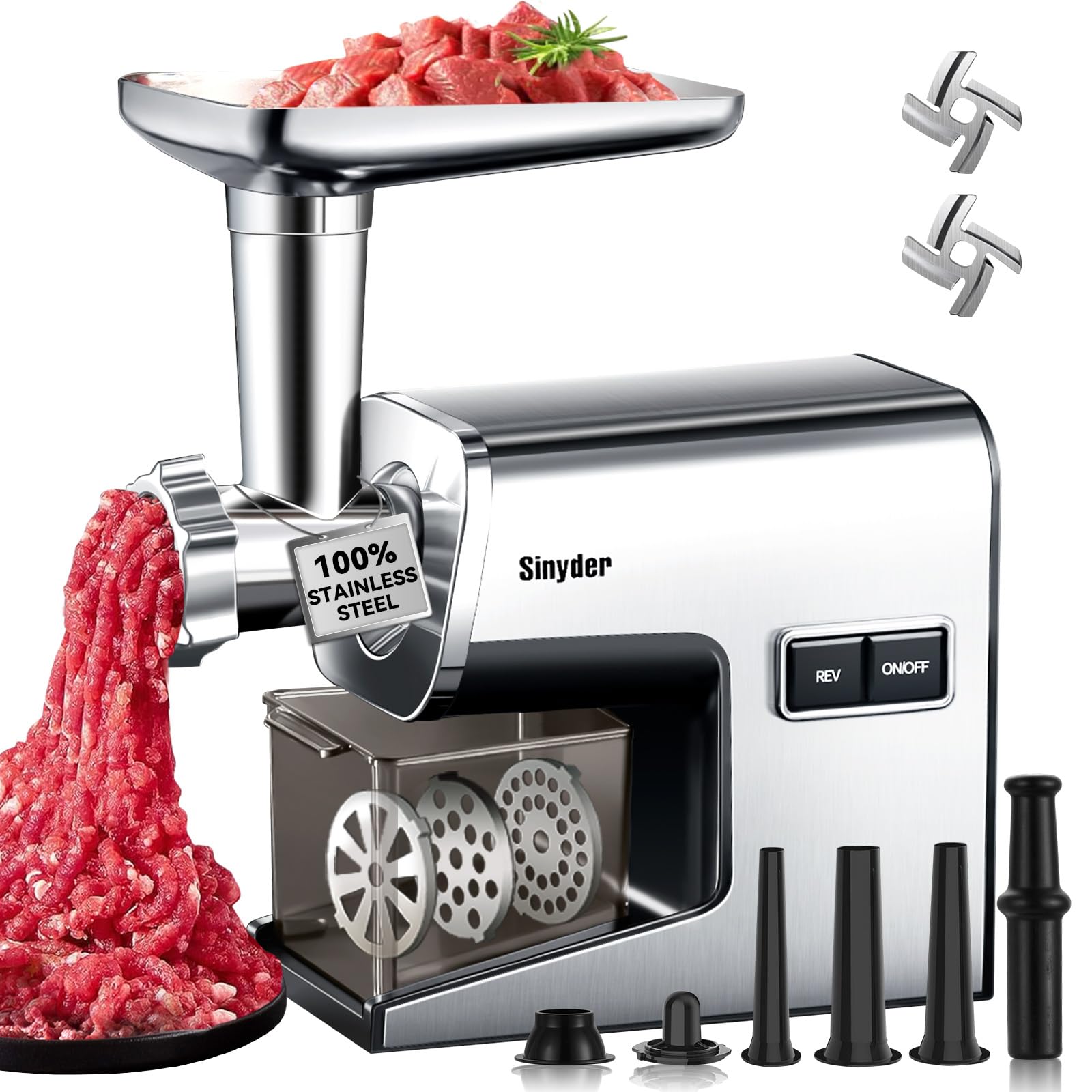 Sinyder electric meat grinder front view showing compact, durable design for home use