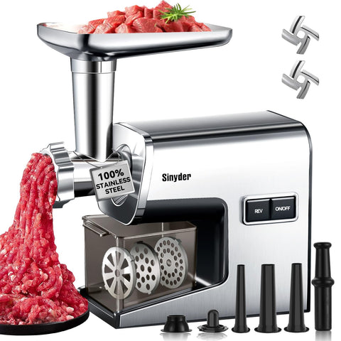Sinyder electric meat grinder front view showing compact, durable design for home use