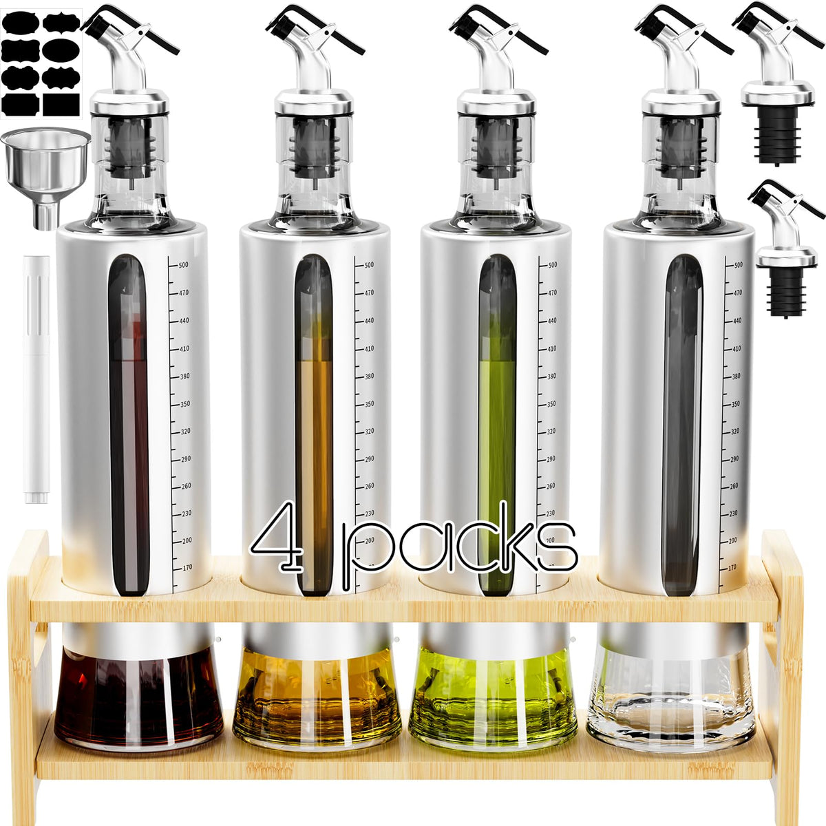 SINYWAY oil dispenser bottle four-pack with stainless steel shell for mess-free pouring.