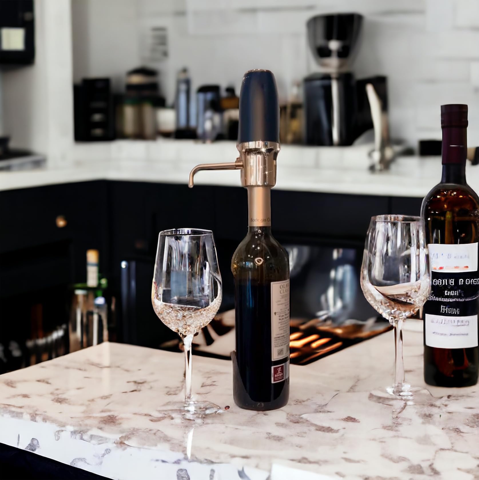 Sip and Shimmer modern aerator housing in black with gold accents