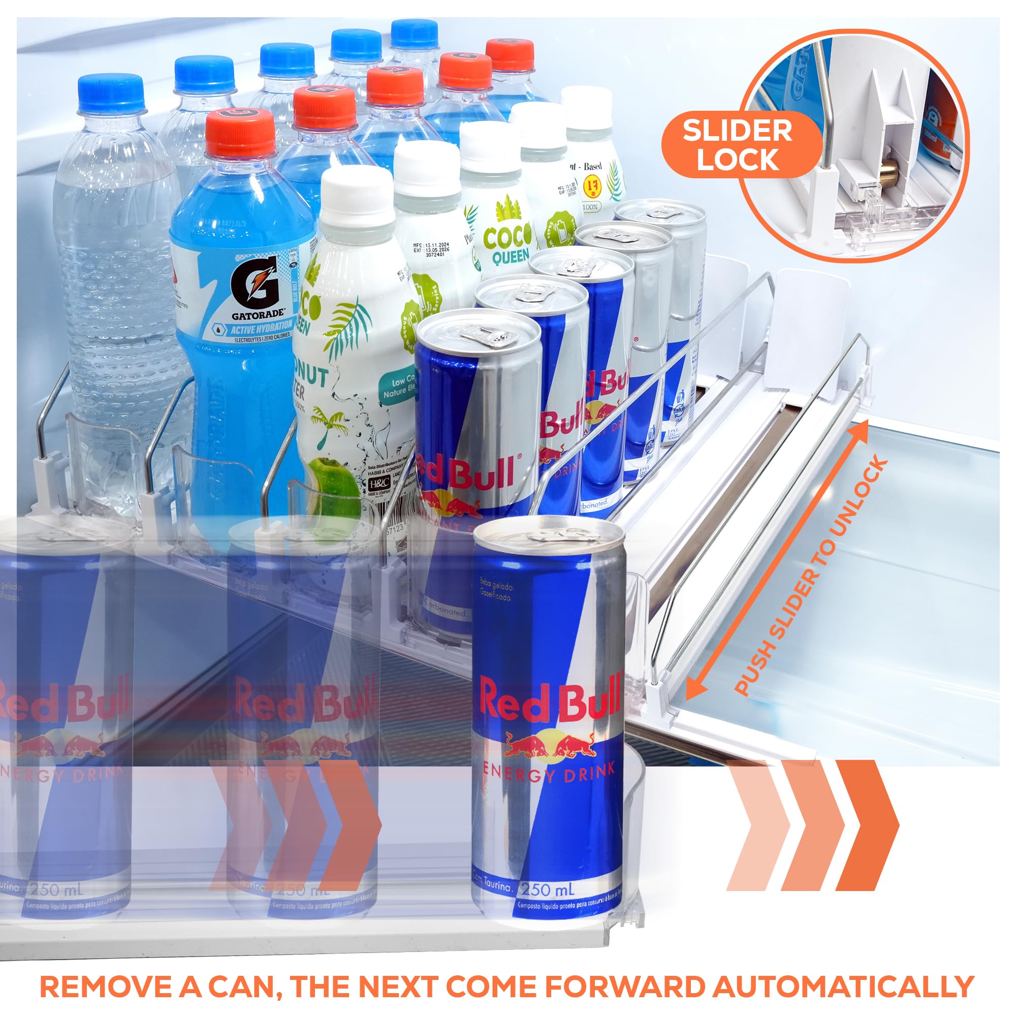 Sip Sort fridge drink organizer auto-push mechanism simplifies one-handed loading.