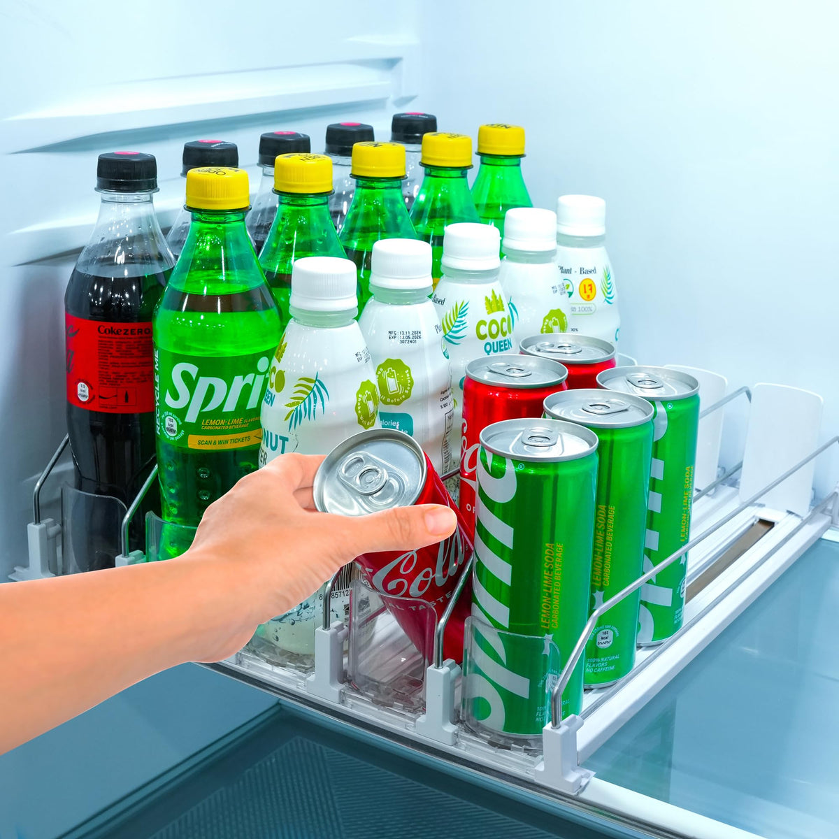 Sip Sort upgraded fridge drink organizer front view shows organized cans and easy access.