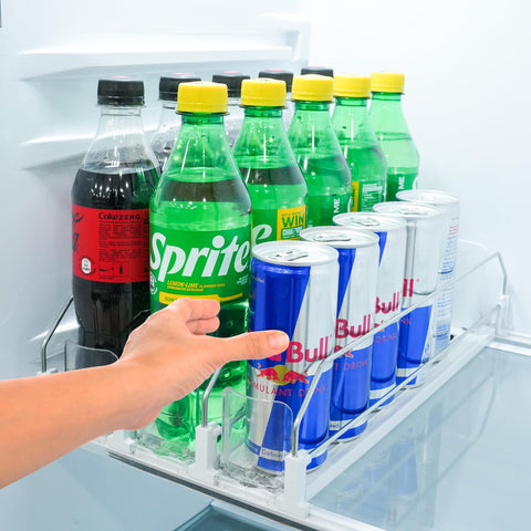 SIP SORT upgraded fridge drink organizer in white with three rows of cans for organized storage