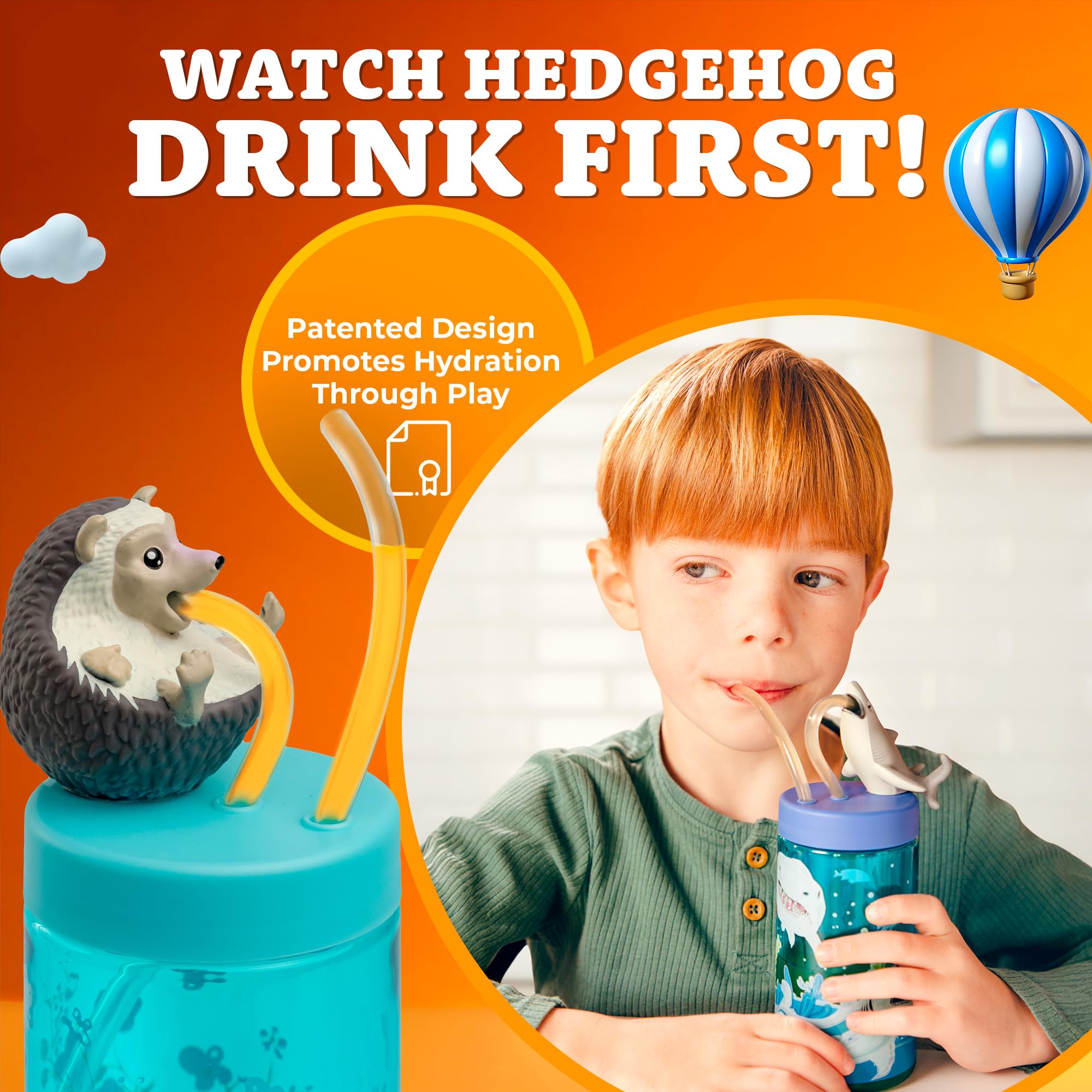 Close-up of Sip With Me Hedgehog Trend Zoo bottle pattern for kid-friendly artwork