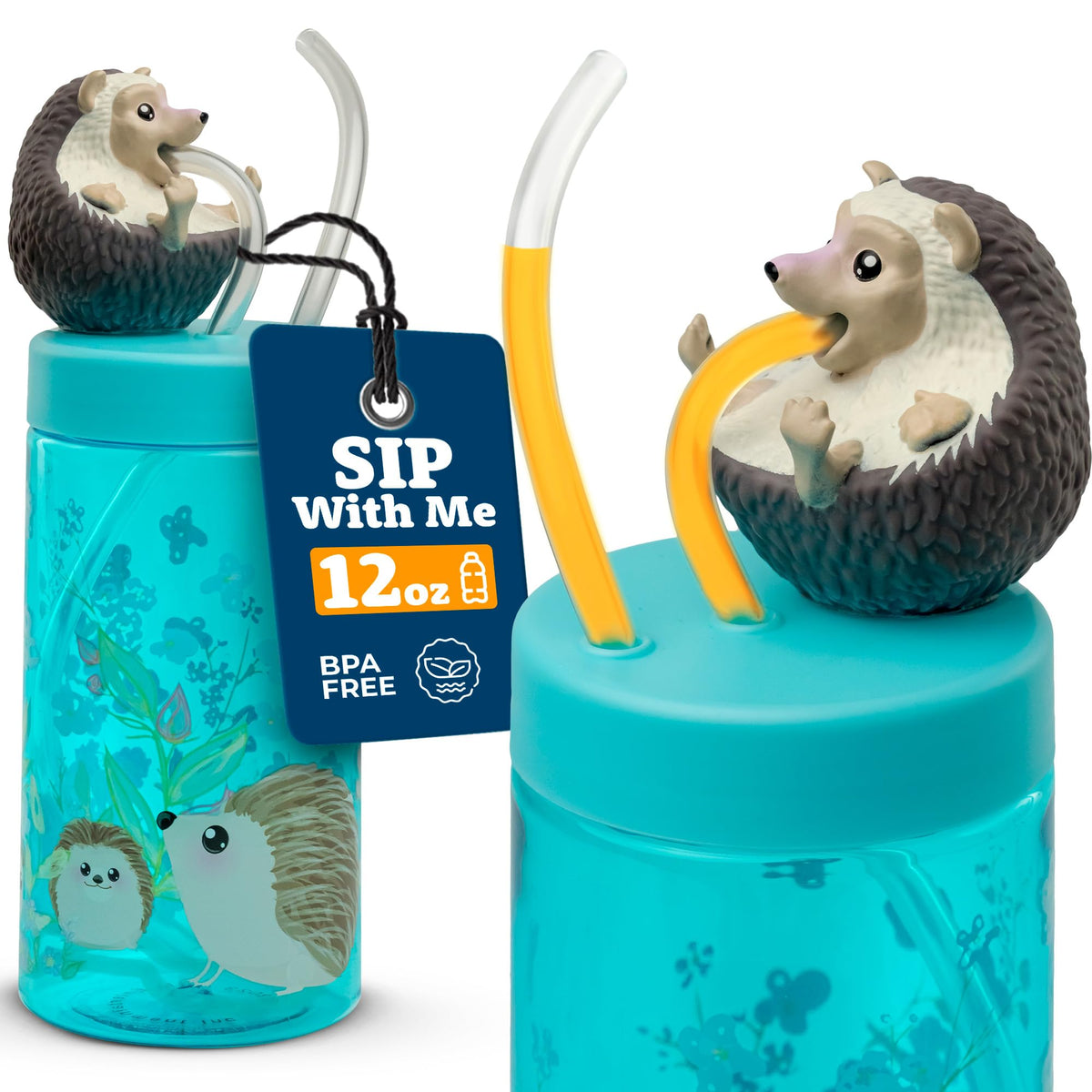 Sip With Me Hedgehog Trend Zoo bottle front view with lid and straw for spill-free learning