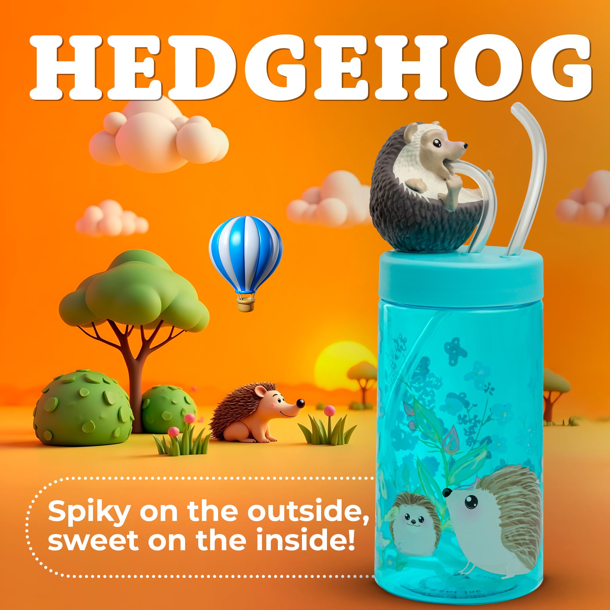 Sip With Me Hedgehog Trend Zoo bottle side view showing colorful design