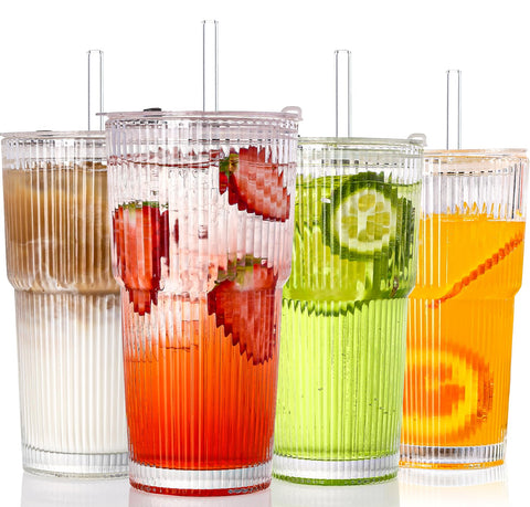 SIPBYSOP ribbed glass cups with lids and straws for easy-grip daily drinks.