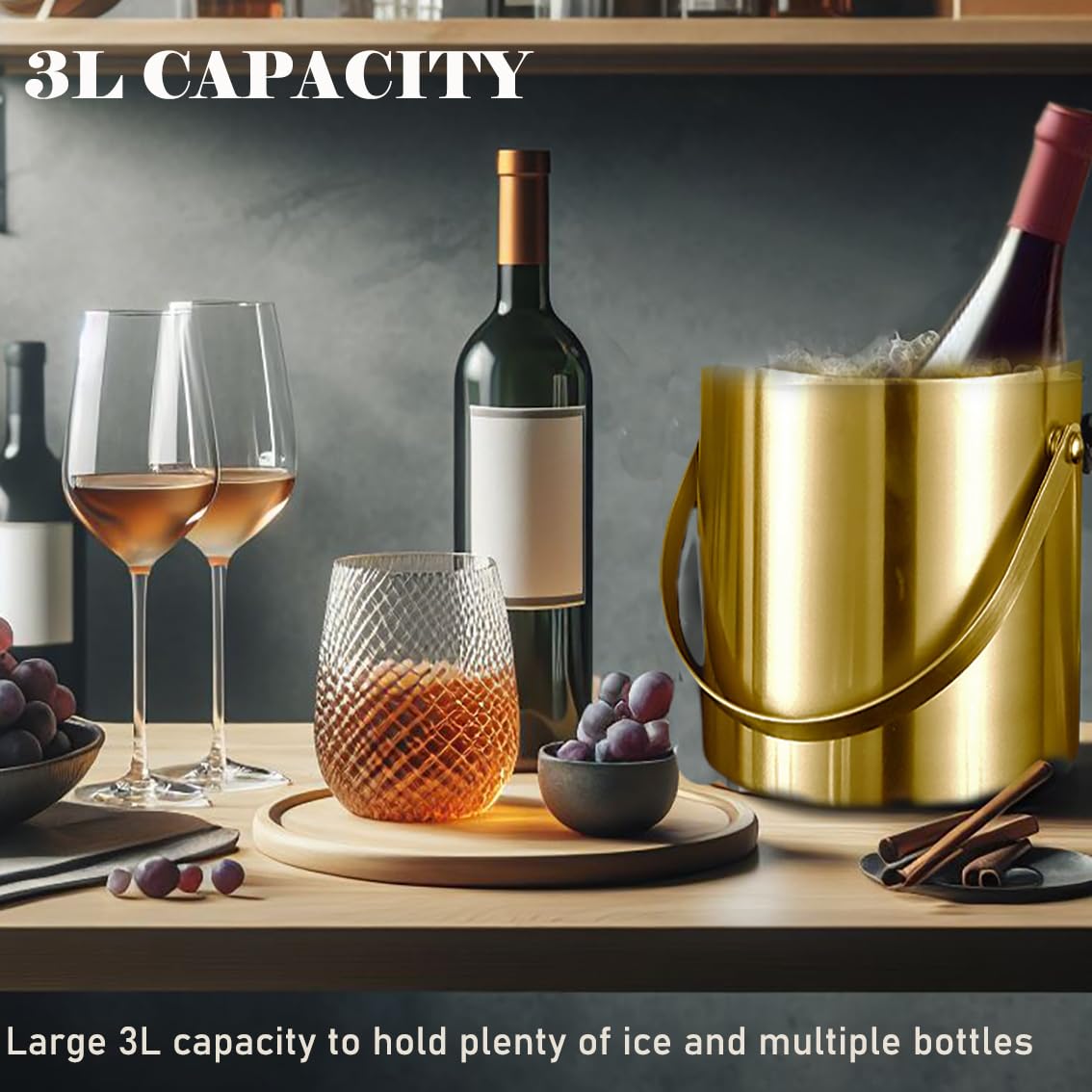 Sipoyen gold ice bucket shows insulated stainless steel construction for longer cold drinks.