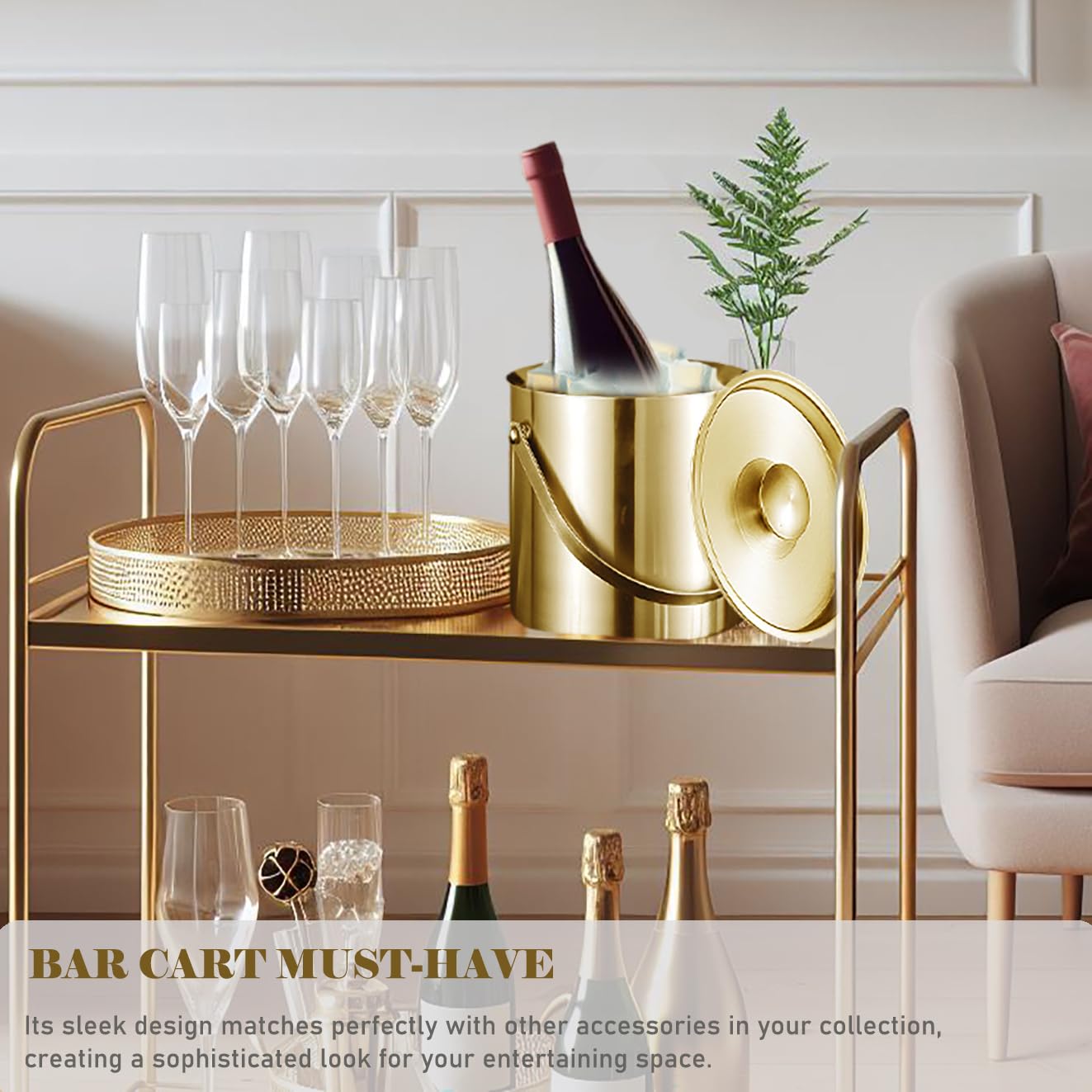 Sipoyen gold ice bucket on a party setup, ready for serving ice and drinks.