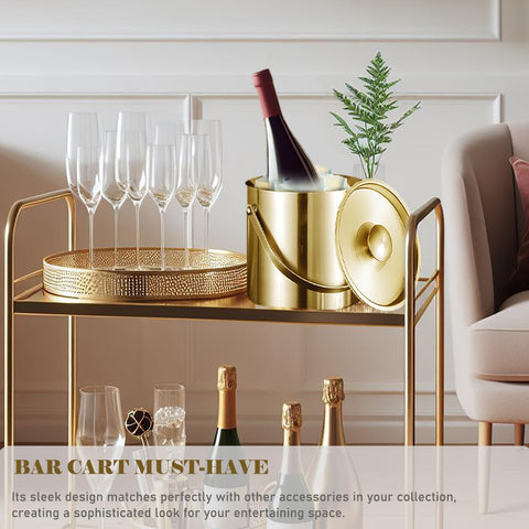 Sipoyen gold ice bucket on a party setup, ready for serving ice and drinks.