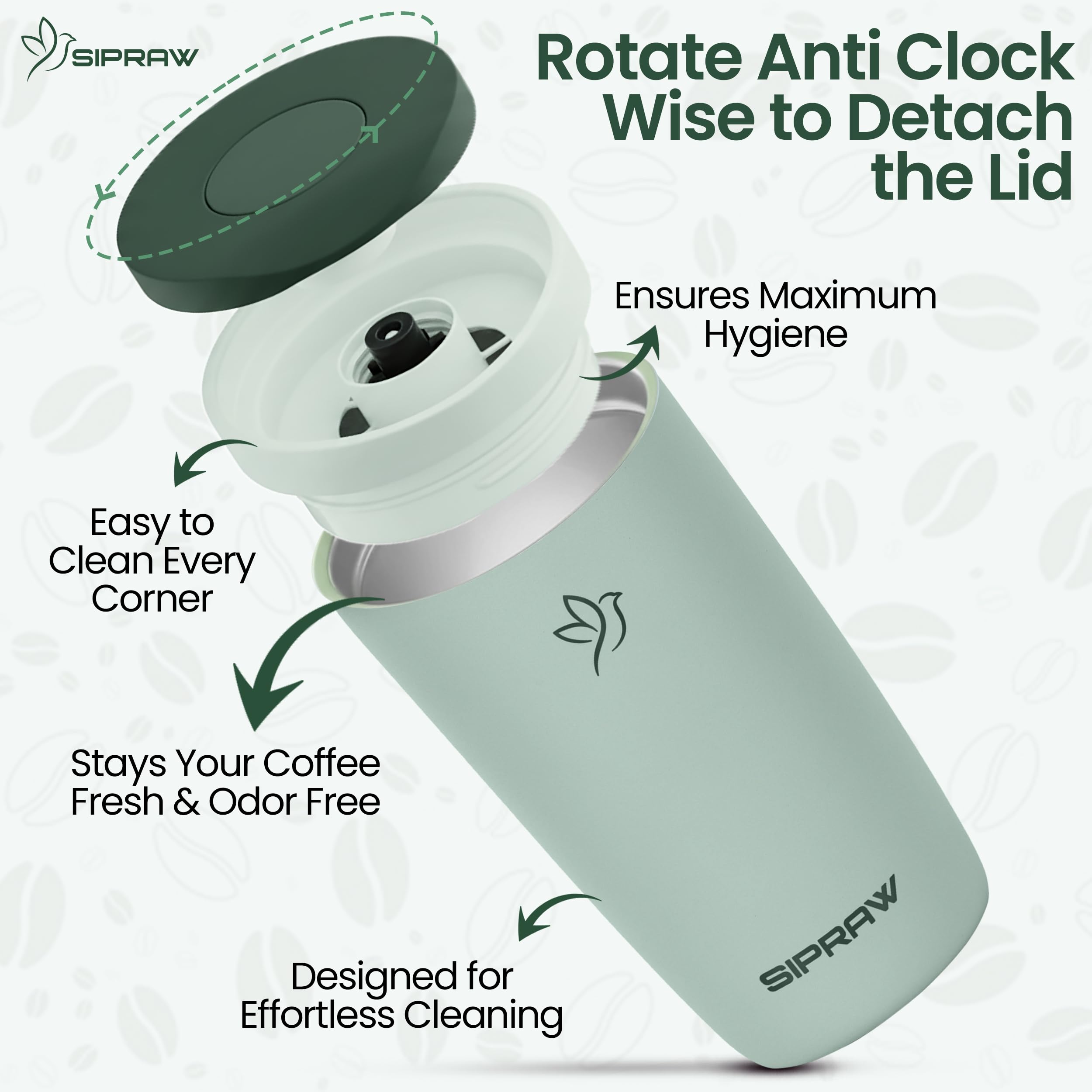 Sipraw double-wall insulated mug maintains temperature for longer use.