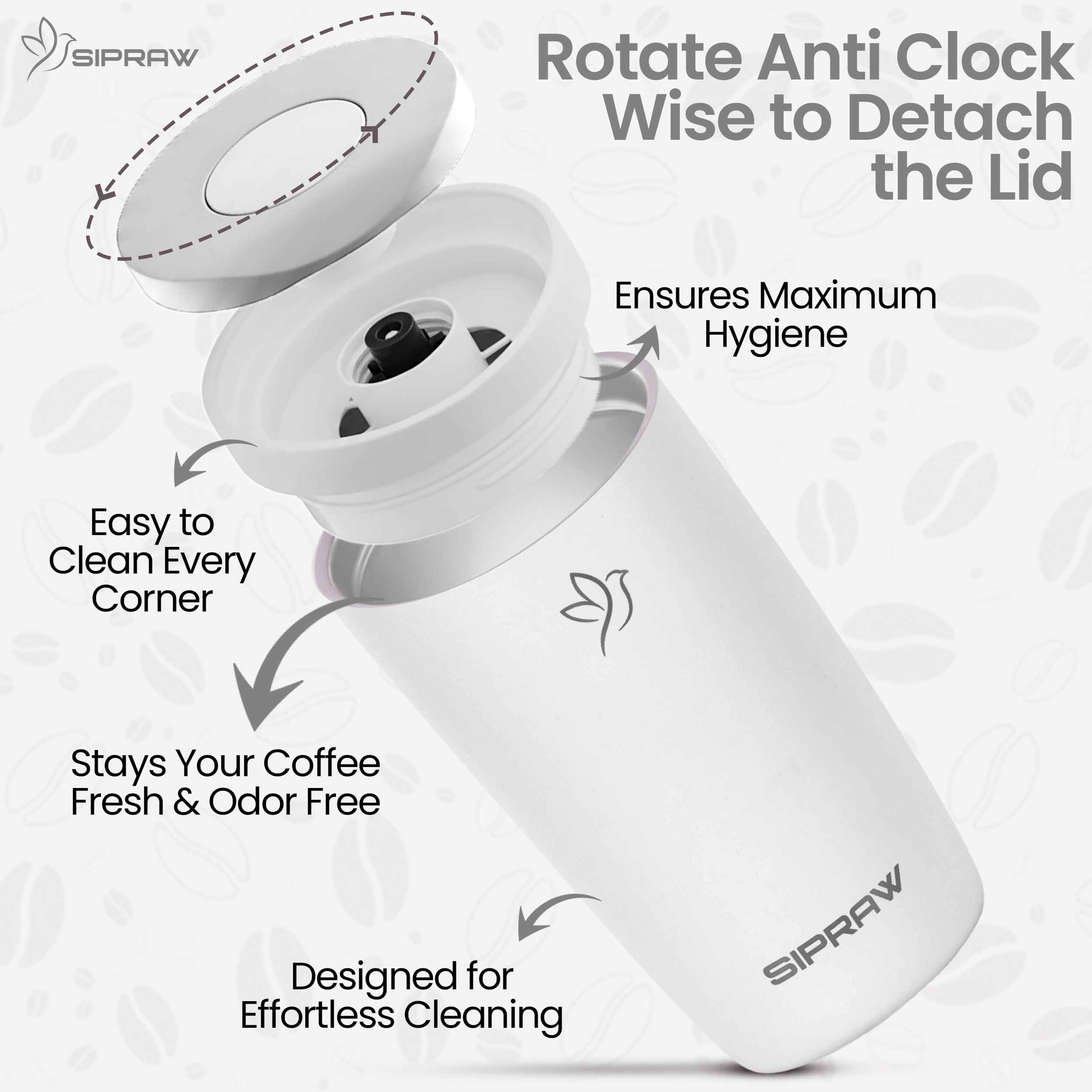 Sipraw double-wall insulated stainless steel mug keeps drinks hot or cold during trips.