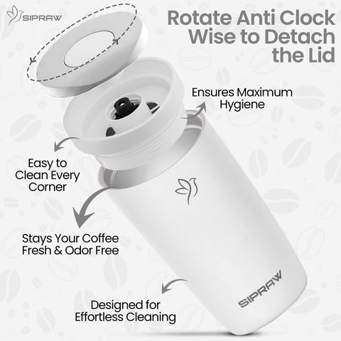 Sipraw double-wall insulated stainless steel mug keeps drinks hot or cold during trips.