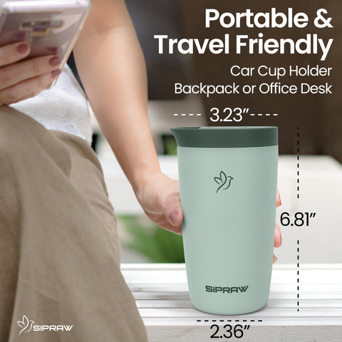 Sipraw 18/8 stainless steel construction for durable travel mug.