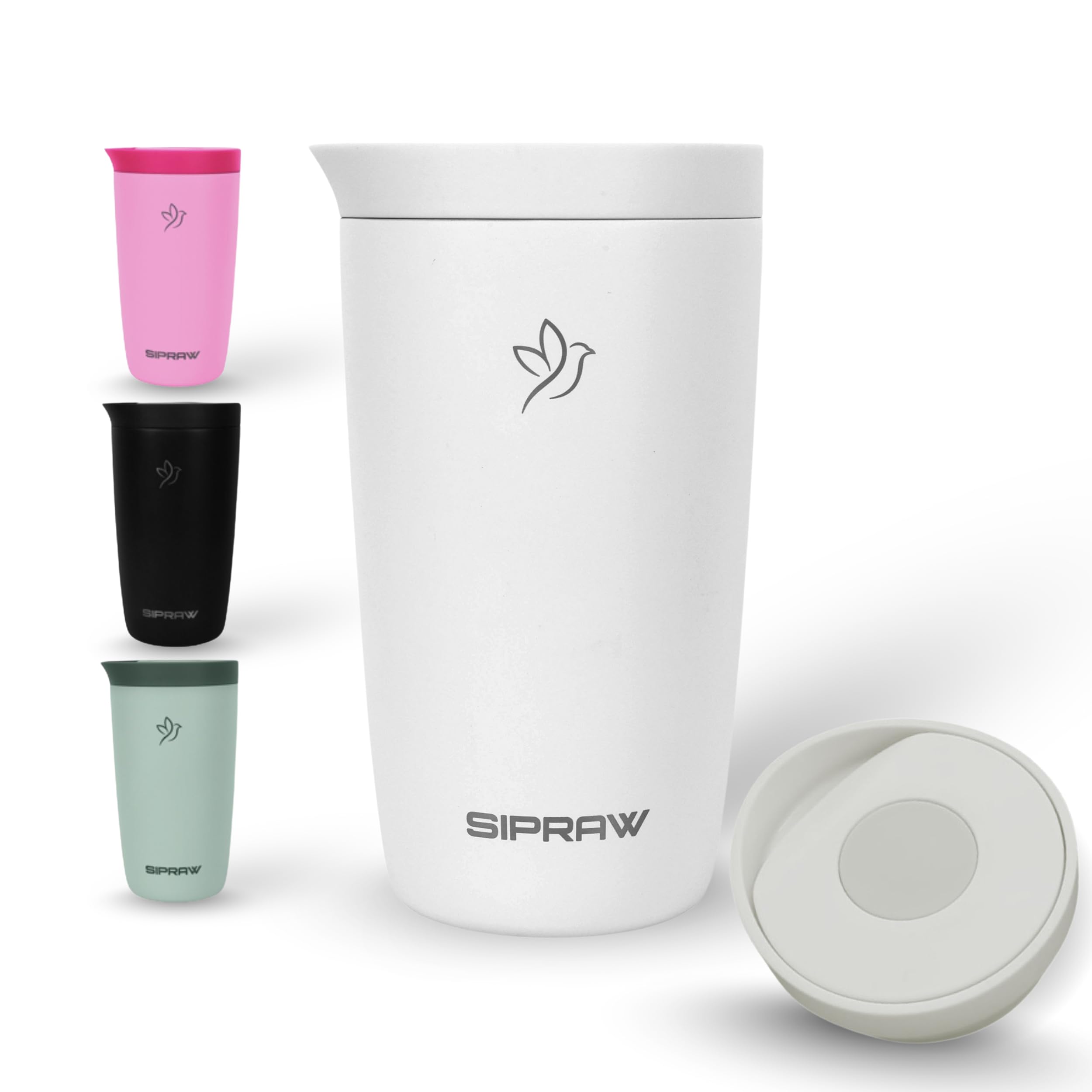 Sipraw travel mug 12oz in white smoke, ideal for on-the-go hot or cold beverages.