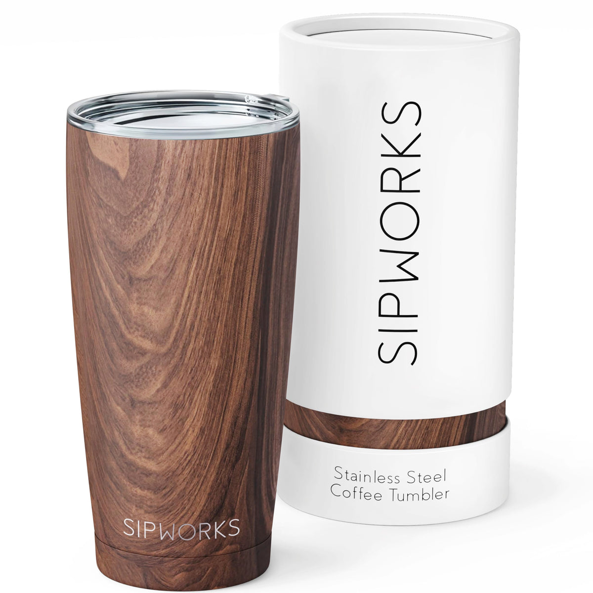Sipworks Coffee Tumbler 20oz insulated keeps drinks cold up to 9 hours or hot over 3 hours.