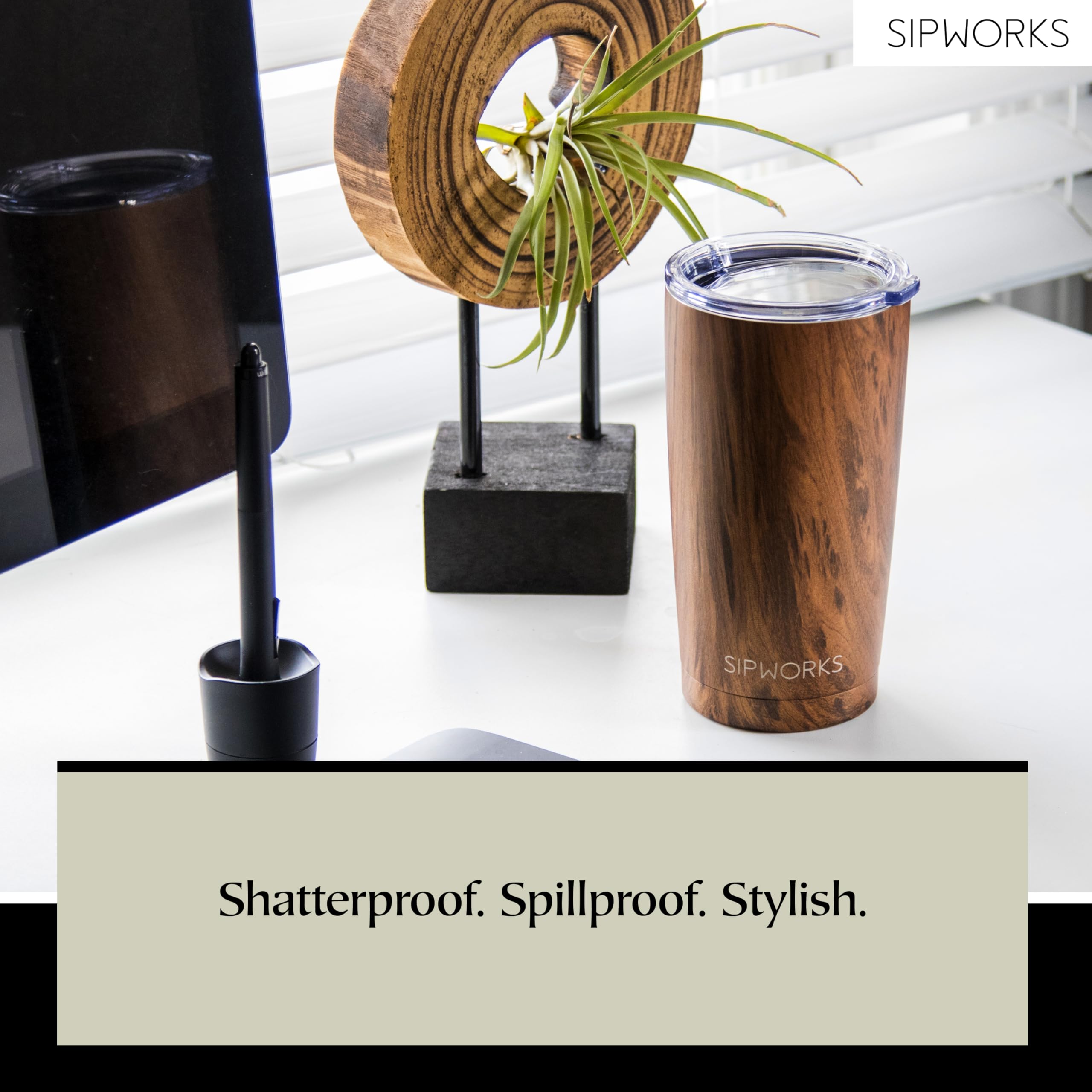 Sipworks tumbler fits in most car cup holders for travel.