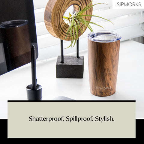 Sipworks tumbler fits in most car cup holders for travel.