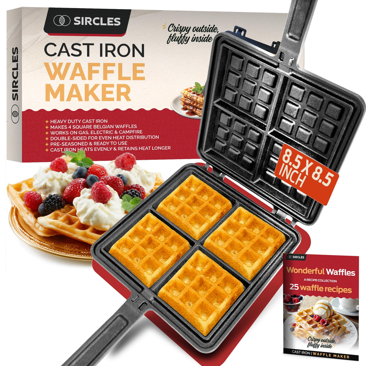 SIRCLES cast iron waffle maker with four deep pockets for evenly cooked waffles.