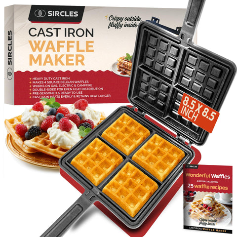 SIRCLES cast iron waffle maker with four deep pockets for evenly cooked waffles.