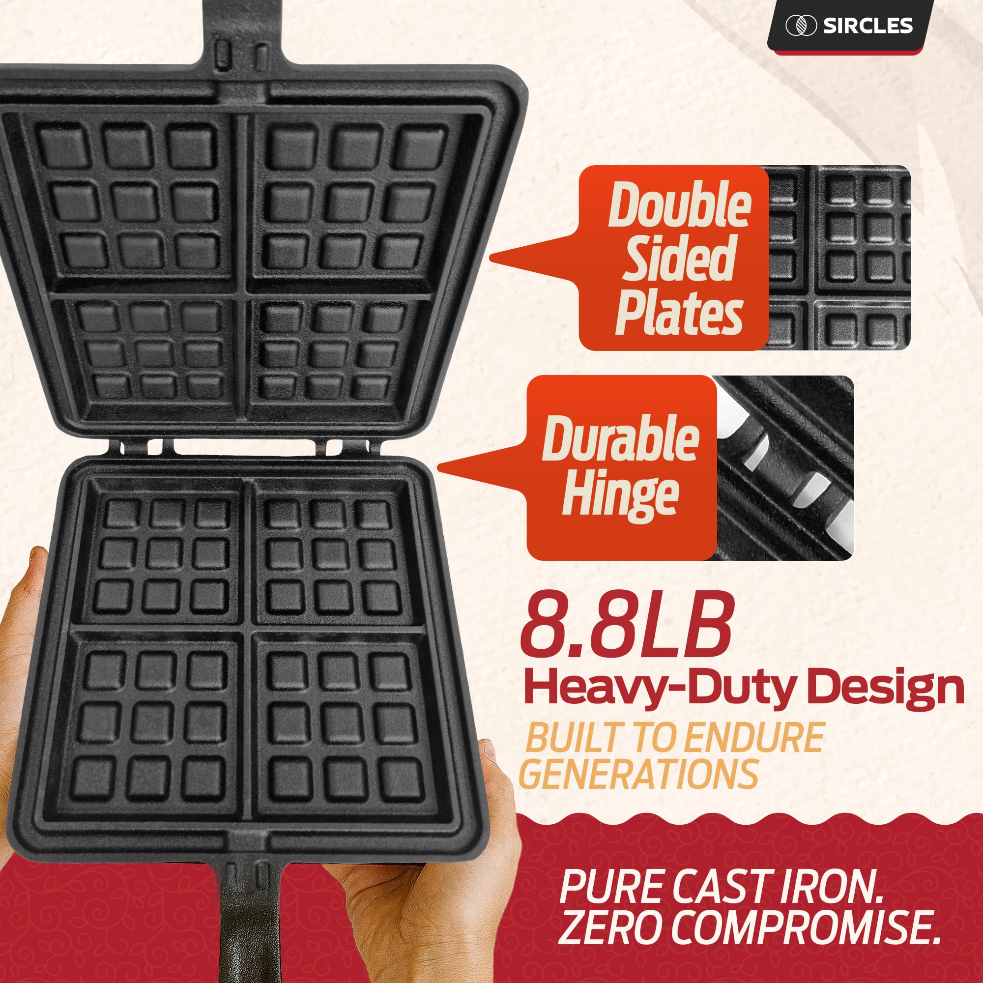 SIRCLES waffle maker delivers even heat for consistently golden waffles.