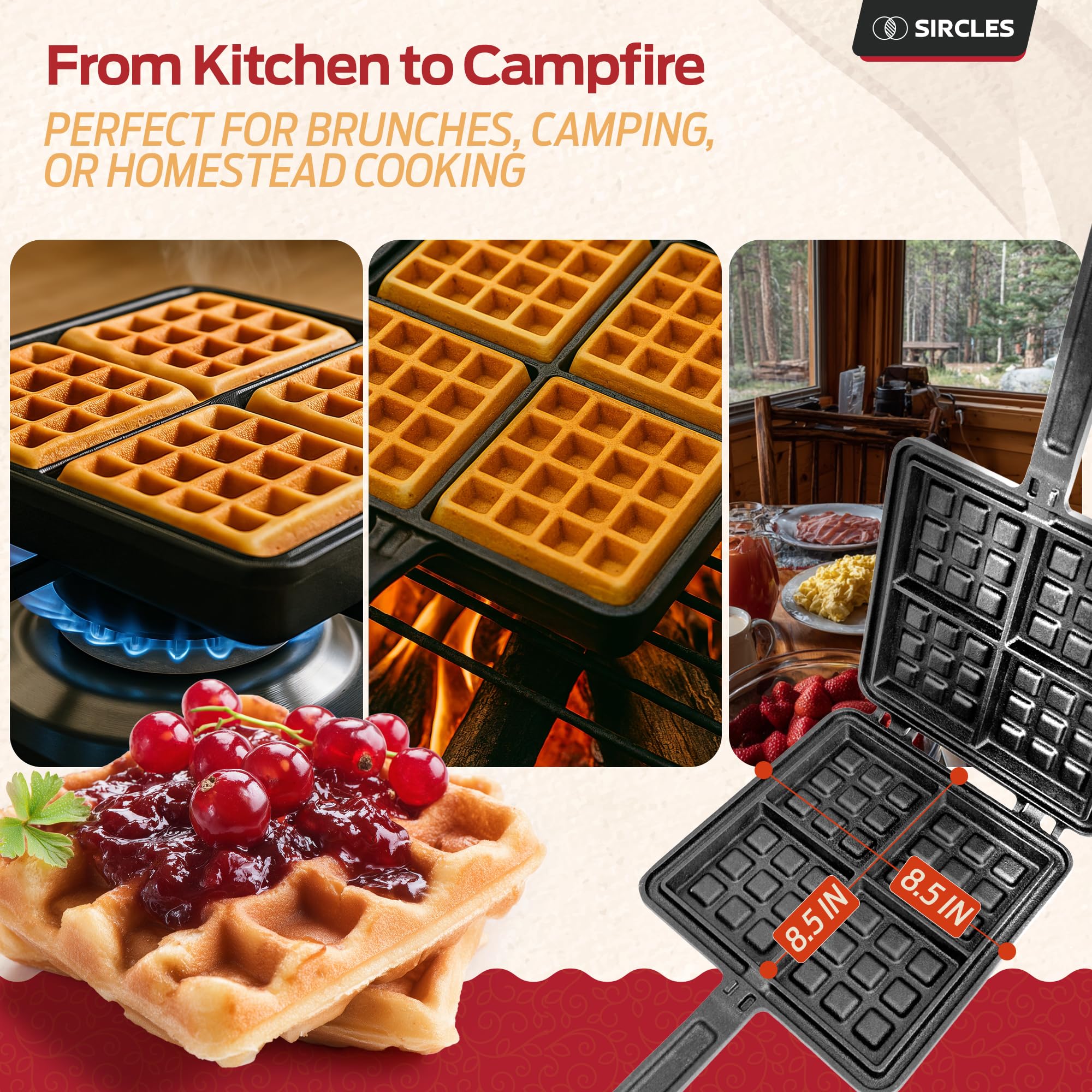 SIRCLES non-electric design supports stovetop and campfire waffle making.