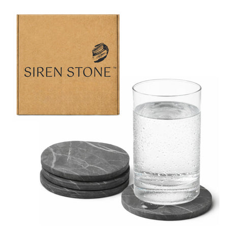 Siren Stone coaster set with four unique edges protects surfaces stylishly.