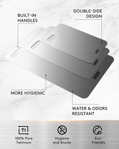 Modern kitchen use of the Sirov titanium board illustrating simple cleanup and maintenance.