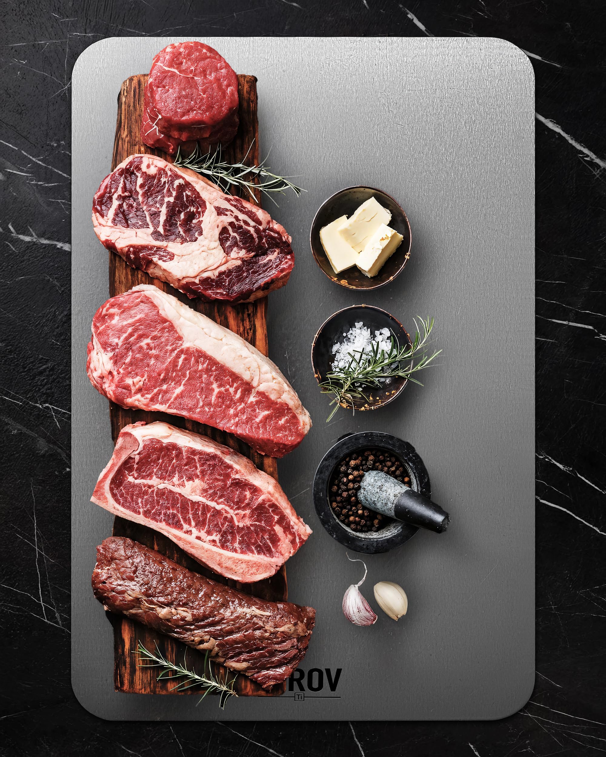 Sirov titanium cutting board close-up highlighting non-porous stain resistance
