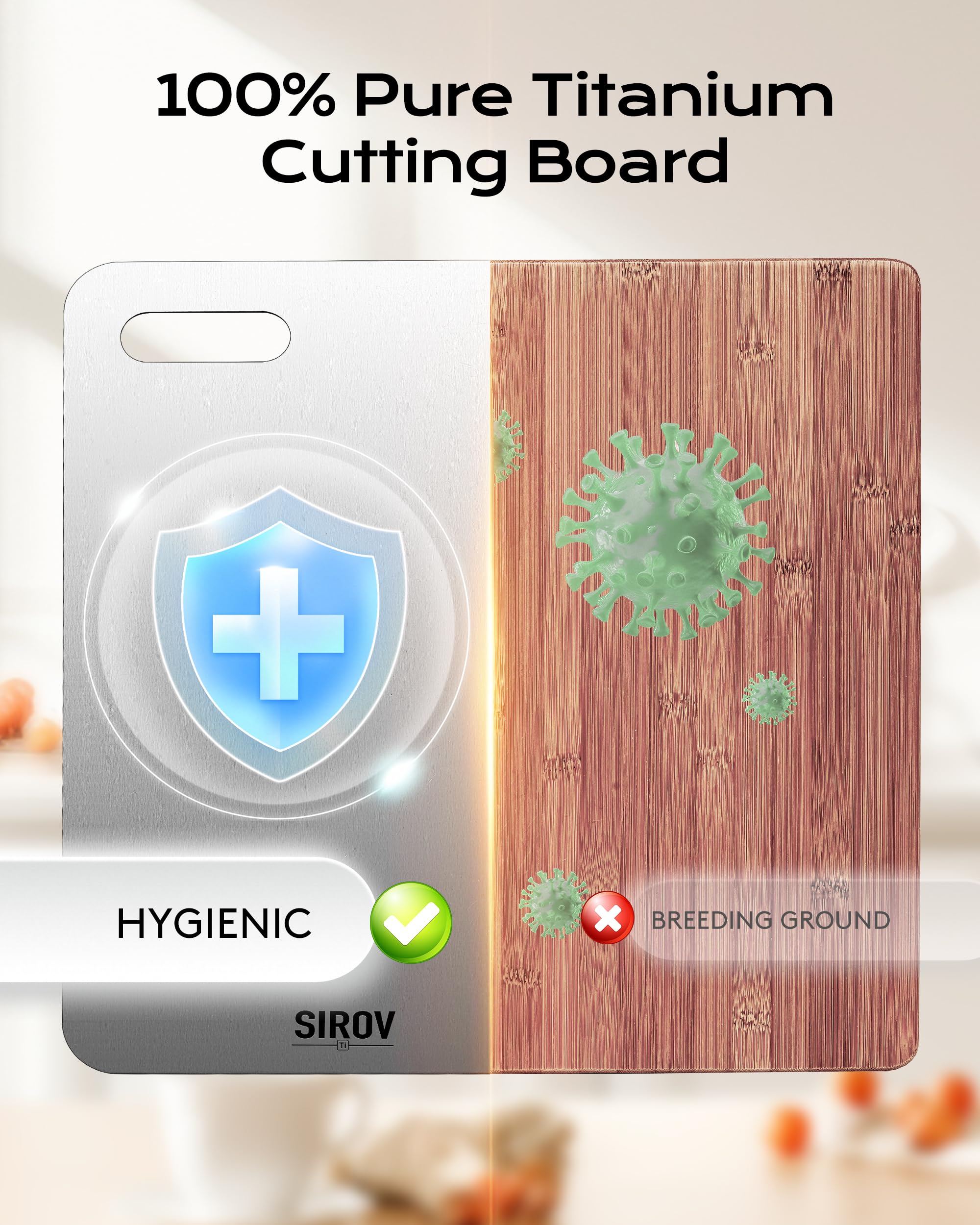 Sirov titanium cutting board with raw meat showing safe handling