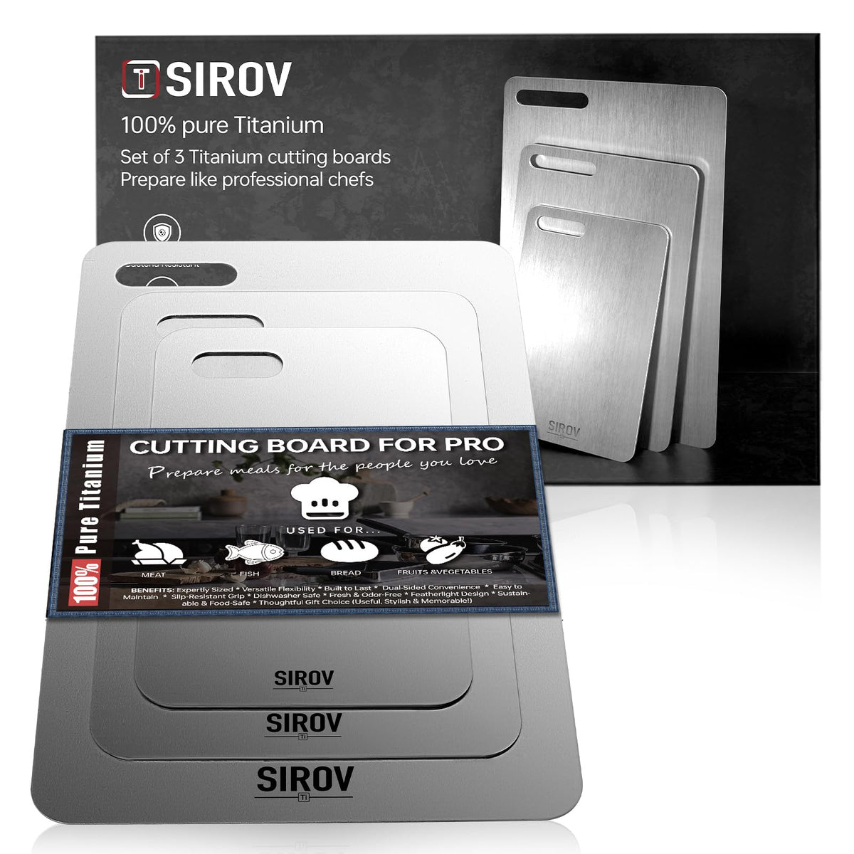 Sirov titanium cutting board set of three for versatile kitchen prep