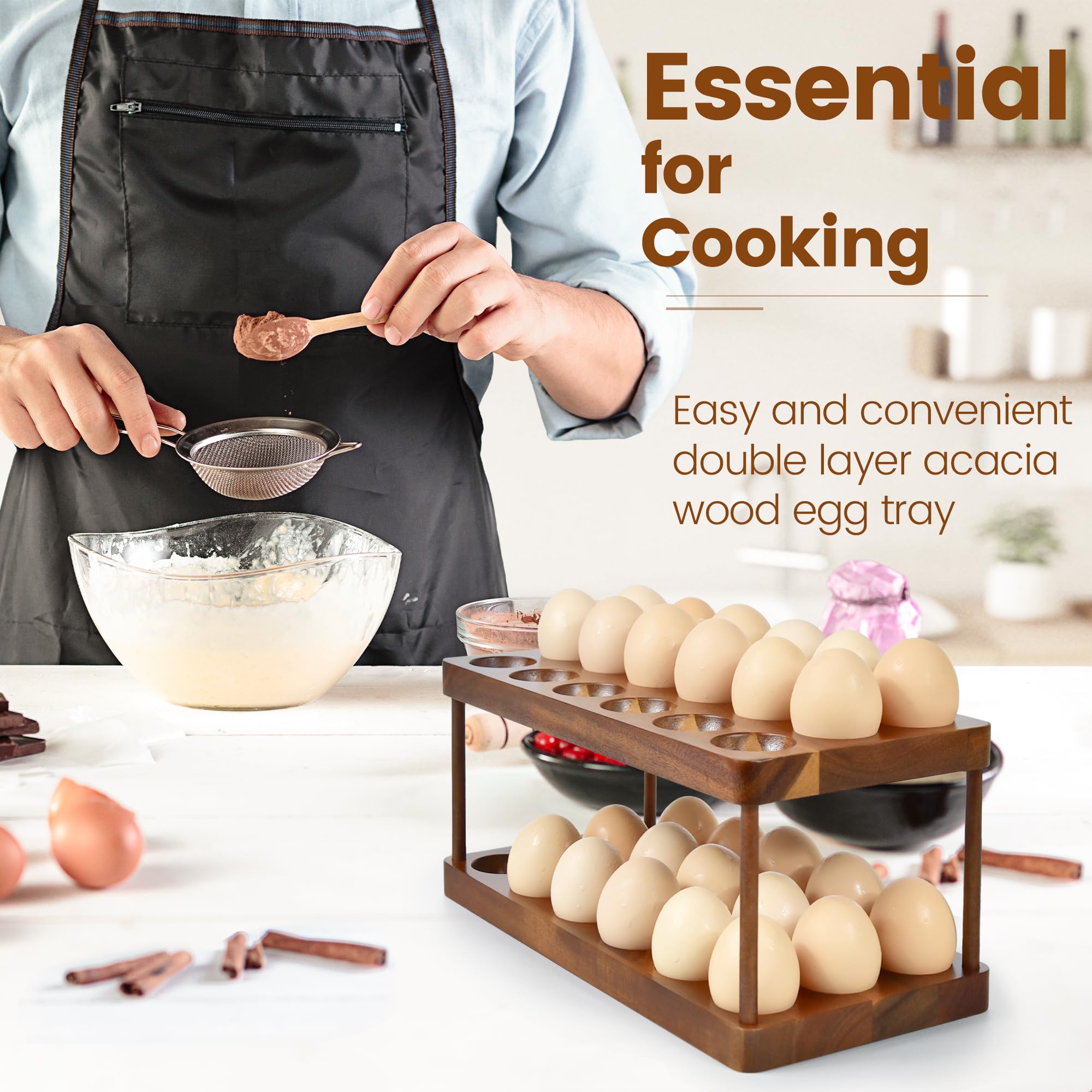Sishynio acacia wood egg tray side angle shows rustic farmhouse charm