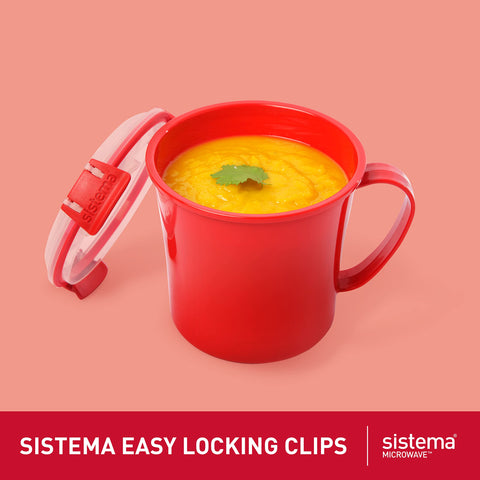 Sistema mug lid steam vent shown for splatter-free heating