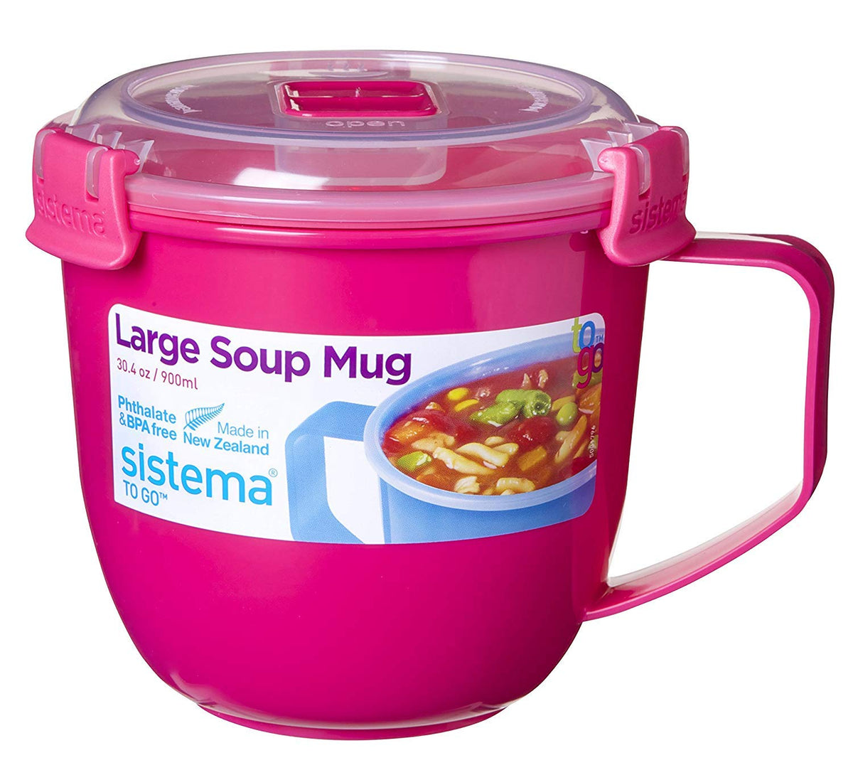 Sistema To Go Soup Mug Large with colorful design and vented lid for easy reheating and sipping.