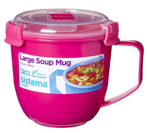 Sistema To Go Soup Mug Large with colorful design and vented lid for easy reheating and sipping.