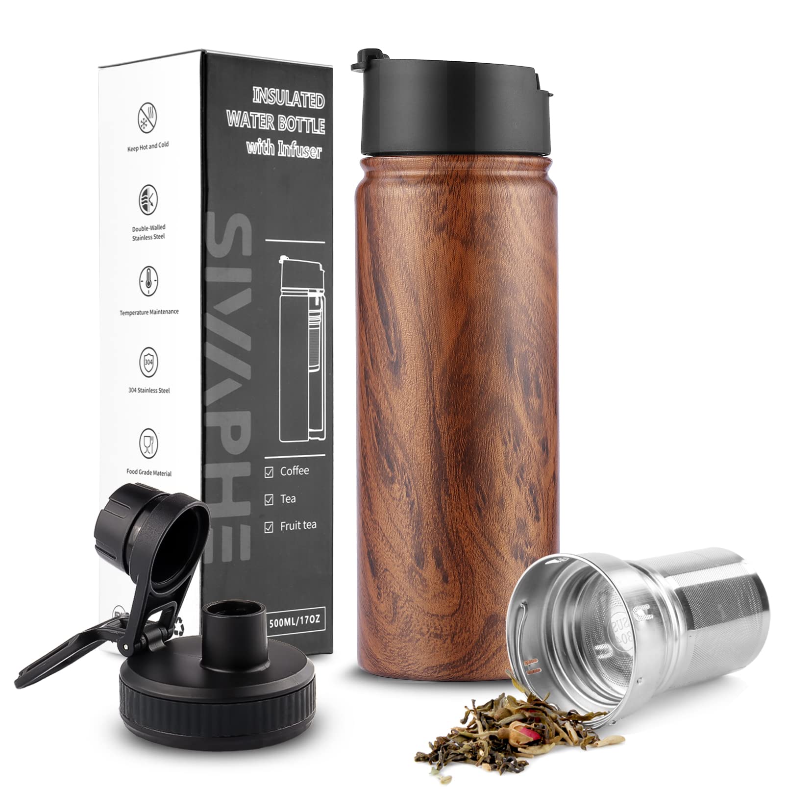 Sivaphe tea infuser bottle with wood grain design for on-the-go loose leaf tea.