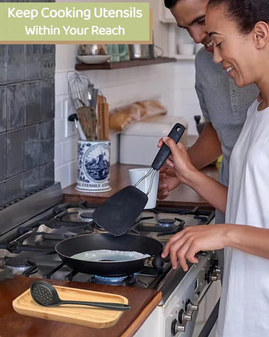 SIVOTAMI large spoon rest on kitchen counter with spatulas and spoons ready for use